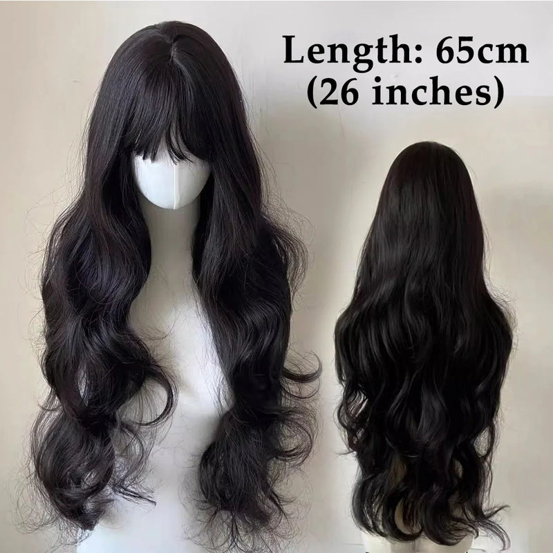 SUNYAGE Lolita Black Wig for Women Long Wavy Hair 75cm Curly Wig with Bangs Cosplay Headband Wigs Synthetic Wigs for Daily Use