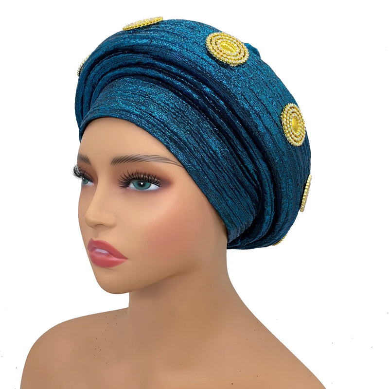 Already Made African Headtie Glitter Diamonds Women's Turban Cap Female Head Wraps Nigeria Wedding Auto Geles Party Headwear Hat