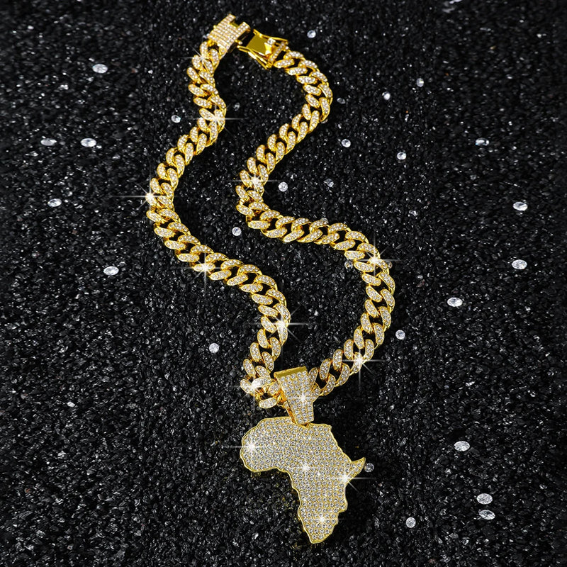 Men Women Hip Hop Africa Map Pendant With 13mm Rhinestones Miami Cuban Chain HipHop Iced Out Bling Necklaces Fashion Jewelry