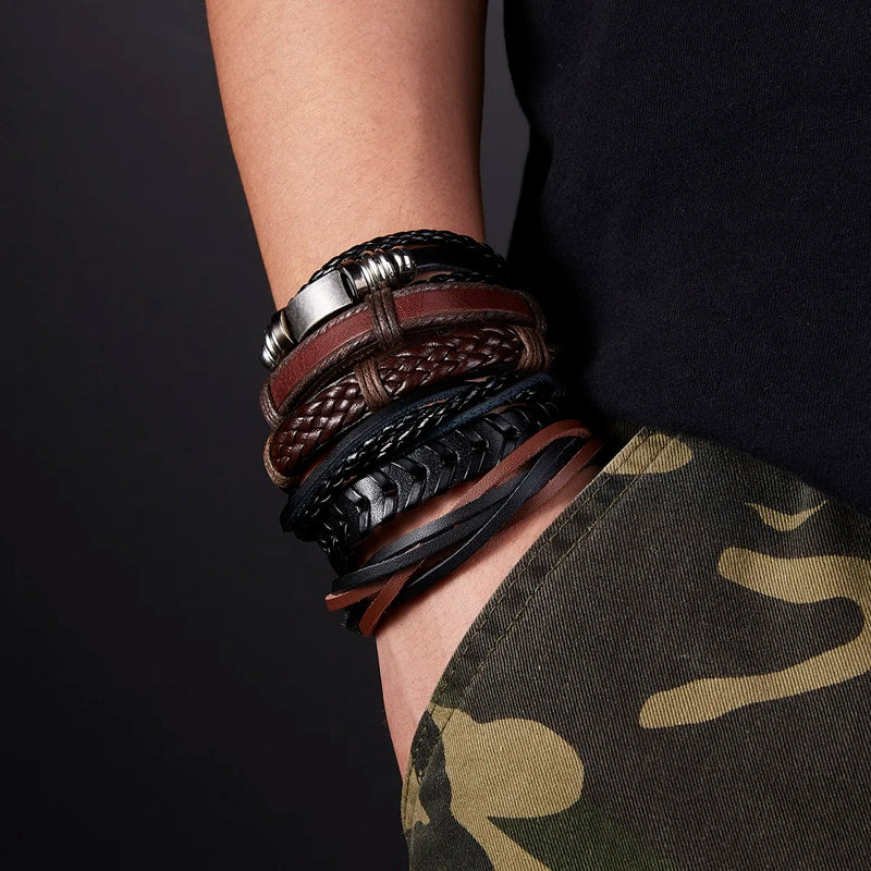 6Pcs/Set Fashion Multilayer Leather Rope Chain Bracelets For Men Women Punk Charm Metal Geometric Black Brown Bangles Jewelry