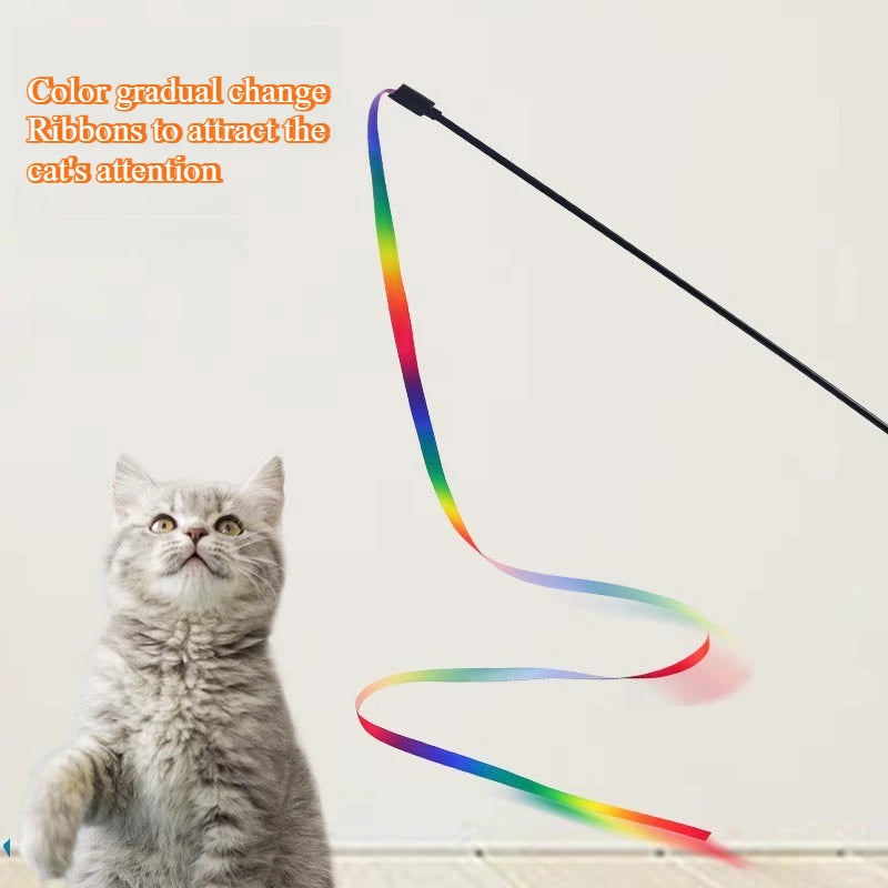 Toy Colorful Teaser Wand Double Sided Rainbow Ribbon Cat Stick Self Amusement Interactive Durable Safe Lightweight Eye Catching