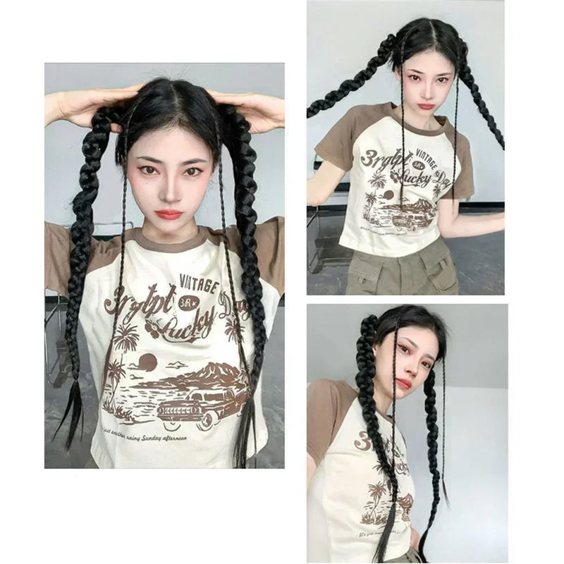 synthetic wig 2Pcs Hip-Hop Women Black Braided Twisted Ponytail Wig Long Braid Extensions Girls Hair Accessories