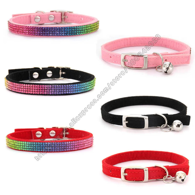 Shiny Rhinestone Pet Collar Safety Adjustable Cat Dog Collars With Bell Puppy Kitten Decoration Accessories Leather Flocking S