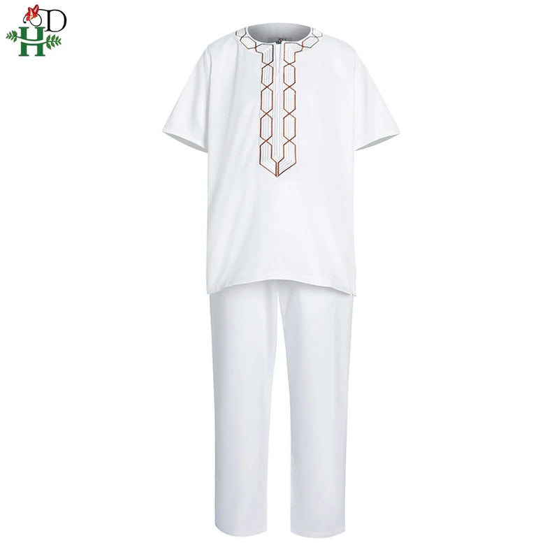 H & d camisa calças 2 peças conjunto para crianças meninos 2022 africano roupa crianças dashiki bordado manga curta topo calças terno robe