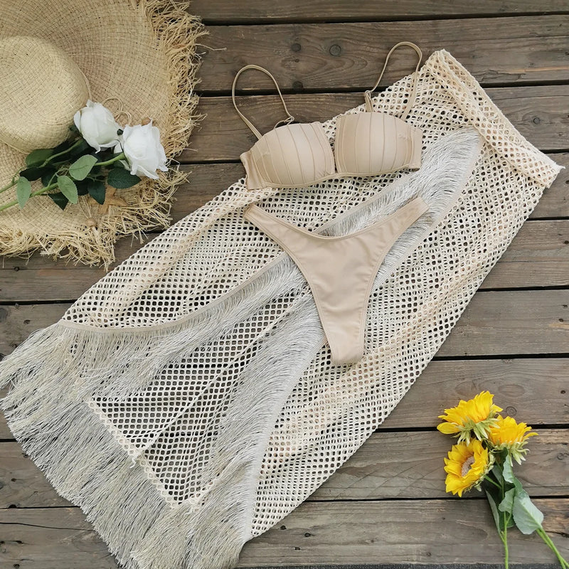2025 Sexy Gold Bikini Top with Fringe Mesh Skirt - Adjustable Straps and Stylish Look, Perfect for Beach Wear and Pool Parties