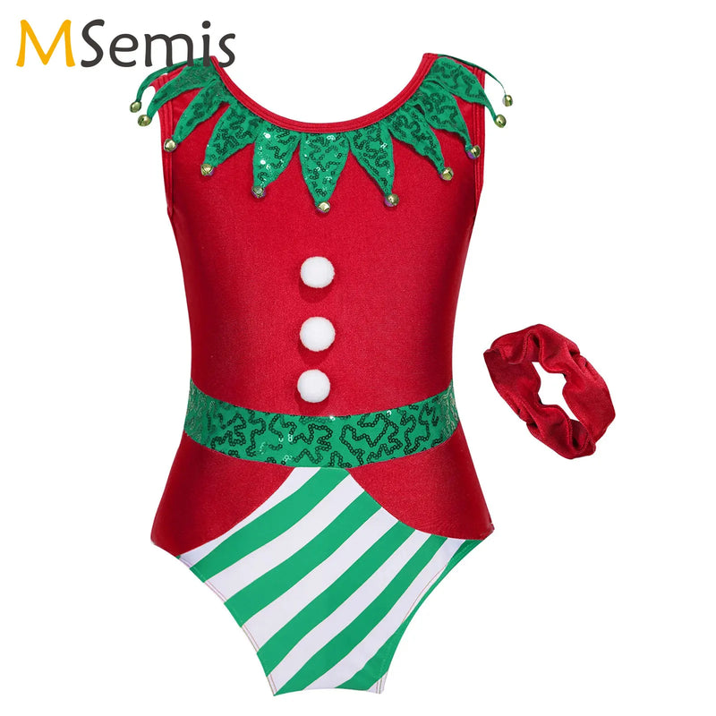 Girl Christmas Gymnastic Leotards with Headband Outfit Sleeveless Ballet Dance Bodysuit Xmas Elf Costume Xmas Athletic Dancewear