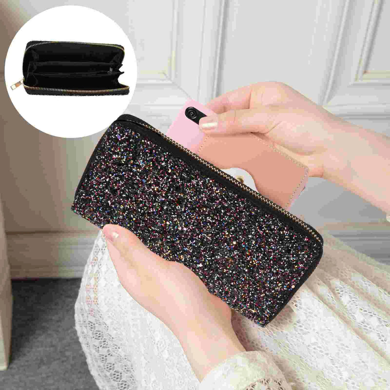 Premium Pu Polyester Glitter Long Wallet Women Zippered Shiny Multi Pocket ganizer Metallic Purse Handbag Storage Case Gift For