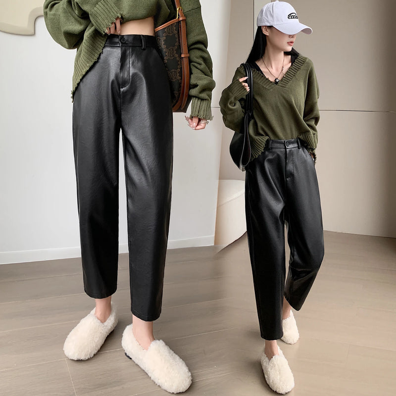 New 2024 Autumn Winter Leather Pants Women Korean Fashion High Elastic Waist Black Color Harem Trousers Female Pantalones