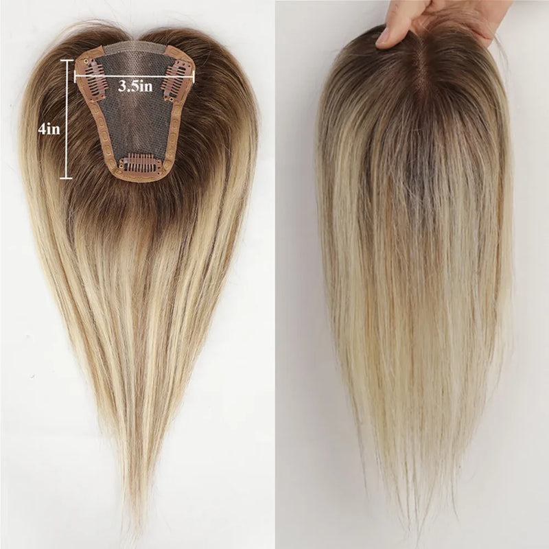 Toppers de cabelo humano 100% real para mulheres ombre marrom loiro topper de cabelo 3.5*4 polegadas base de renda clipe em extensões de cabelo para perda de cabelo