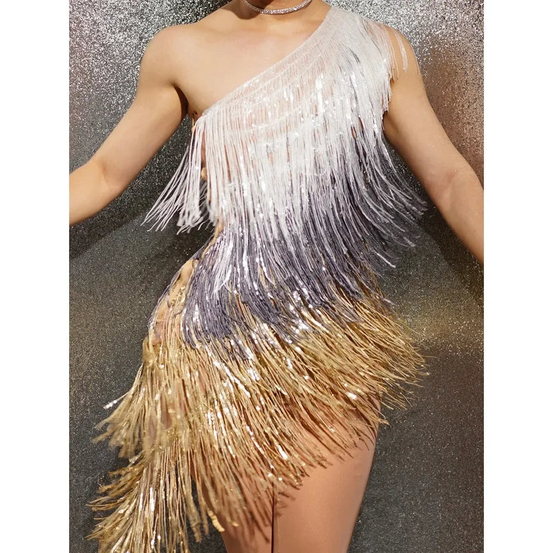 Flashing Silver Grey Gold Fringes Dress Prom Party Birthday Celebrate Evening Dress Sexy Show Stage Wear Dancer Singer Costume