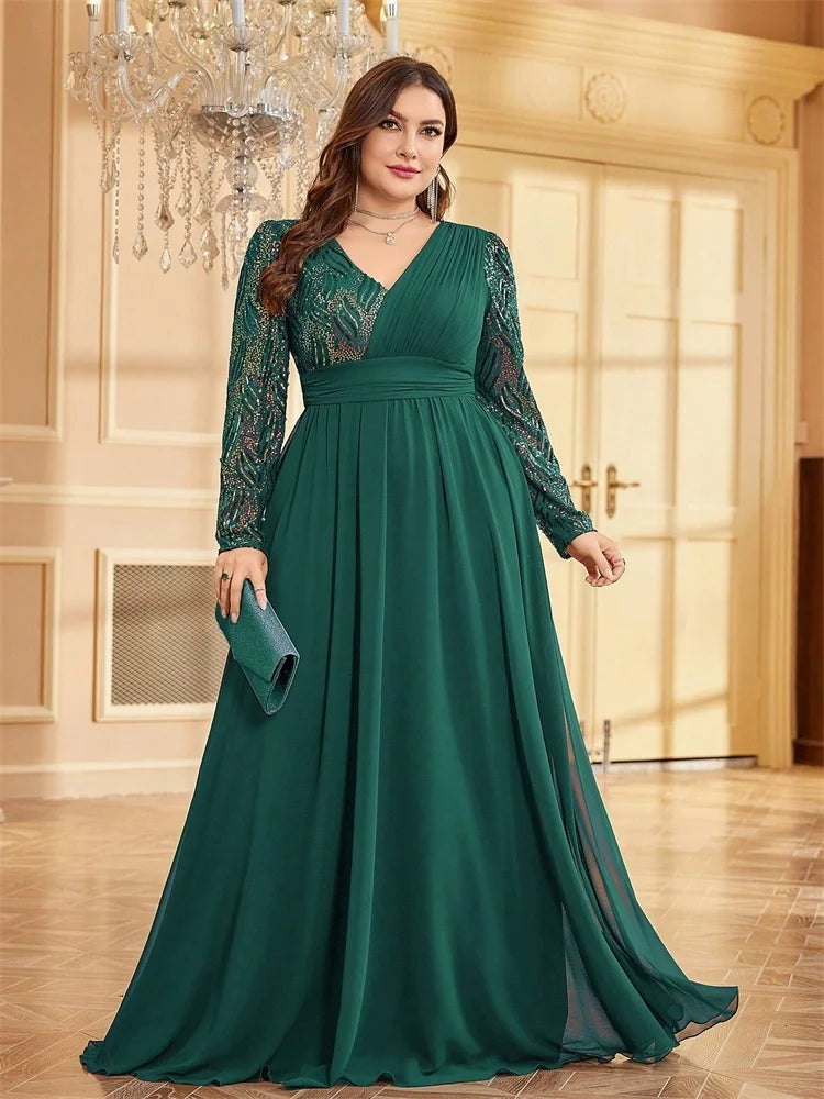 Lucyinlove Plus Size Luxury Chiffon Splicing Long Sleeve Evening Dresses Women Sequins Wedding Party Cocktail Floor Lenght Gowns