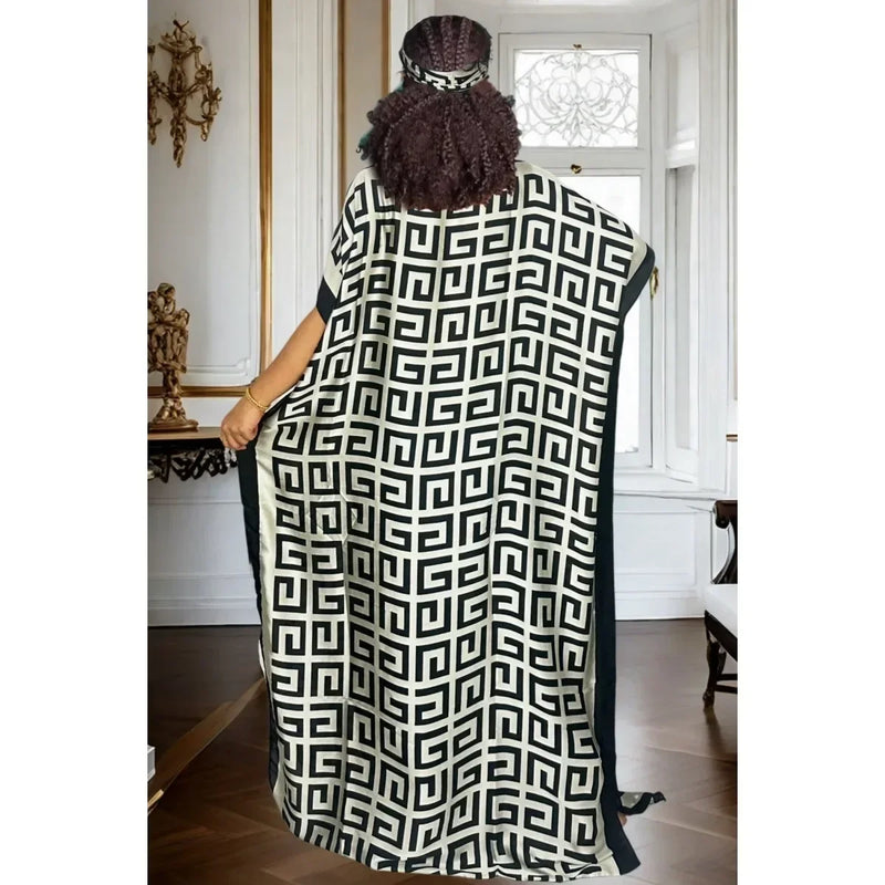 Camisa elegante com estampa geométrica grande e lenço combinando para todas as estações