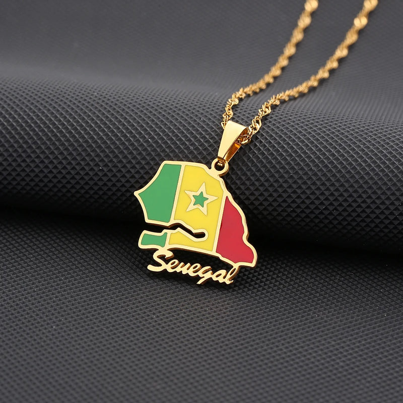 African Sénégal Map Flag Pendant Necklace Stainless Steel Men Women Senegal Maps Jewelry Gift