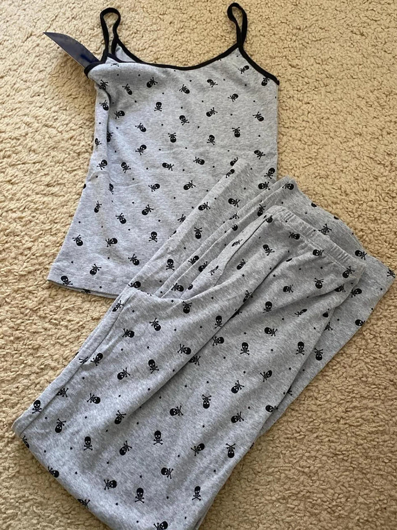 Skulls Print Home Cozy Pants Sets Women Sleeveless Cropped Tank Top+Straight Trouser Suits Casual Sweet Pajama Two-piece Set New