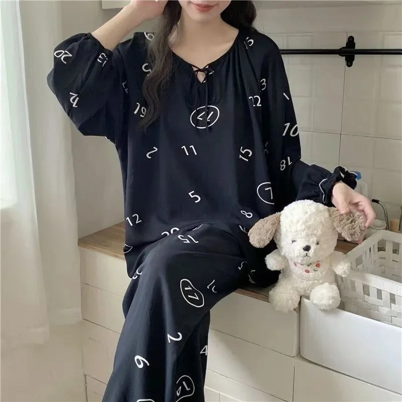 Spring Autumn Cotton Silk Sleepwear Women Loose Thin Home Clothes Set Large Size V-neck Comfortable Breathable Home Fashion