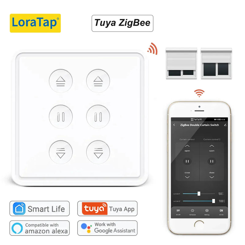 LoraTap Tuya ZigBee 3.0 UE Interruptor de cortina dupla para motor tubular Google Home Alexa Controle de voz Funciona com Zigbee2MQTT DIY