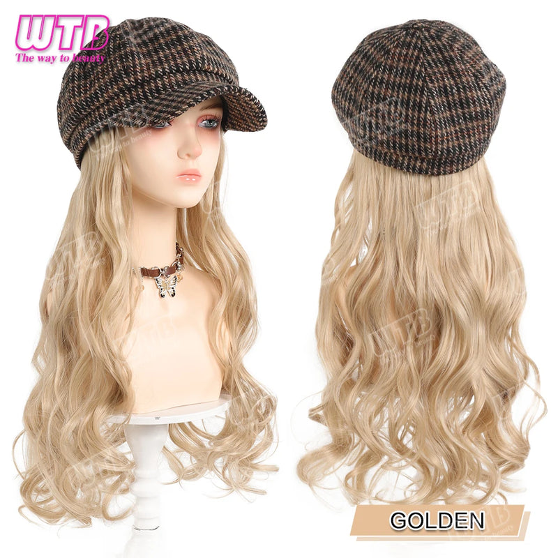 WTB Wavy Curly Hair Hat Wig Long Hair Black/Golden Beret Autumn Winter Hat Chemical Fiber Wig Hair Extensions Hair Accessories