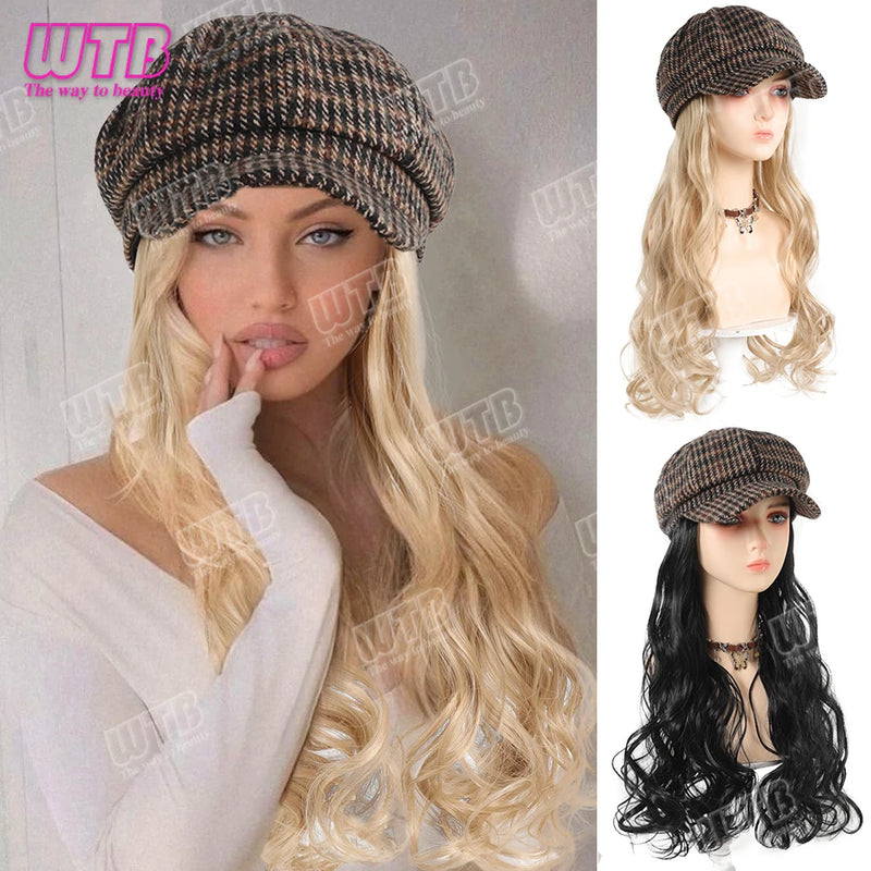 WTB Wavy Curly Hair Hat Wig Long Hair Black/Golden Beret Autumn Winter Hat Chemical Fiber Wig Hair Extensions Hair Accessories