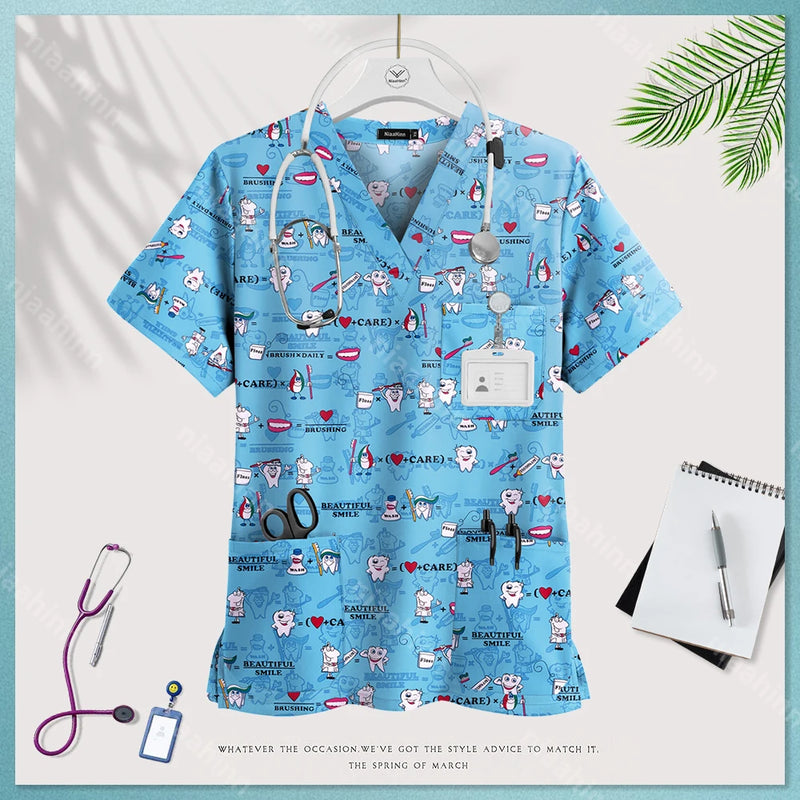 Medical Uniform Tops for Women Medical Print V-Neck Clinical Uniform T-shirts Short Sleeved Pocket Tops Surgical Uniforms Woman
