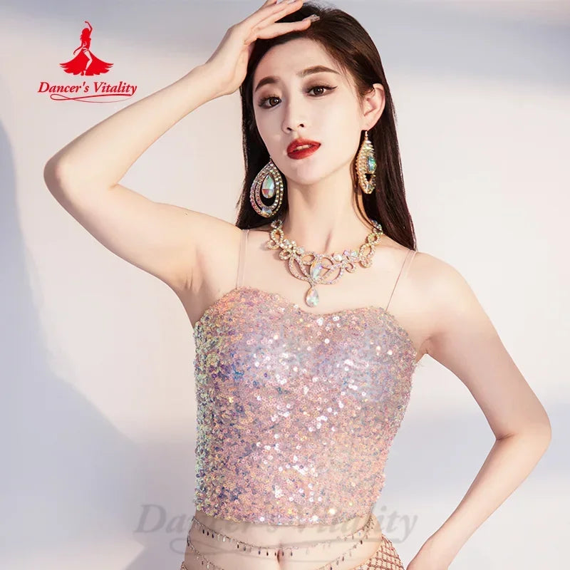 Belly Dance Practice Set for Women Sequin Sleeveless Top+Sexy Split Long Skirt 2pcs Adult Oriental Dance Performance Costumes