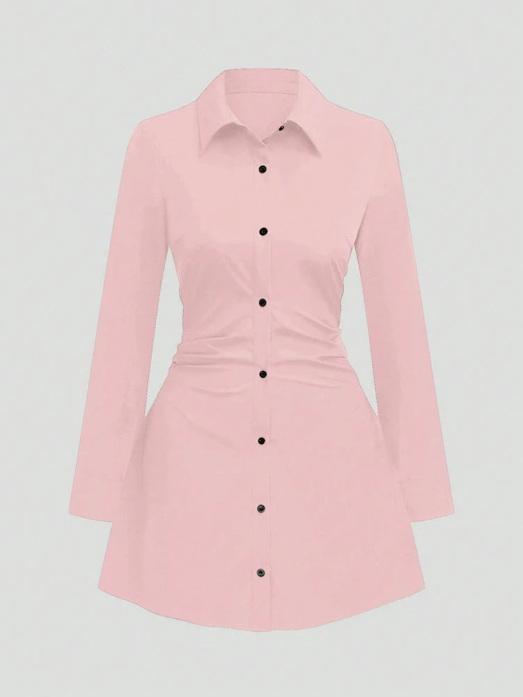 Plus size casual cintura fina manga longa camisa vestido cor pura elegante estilo viajante 2025 outono novo