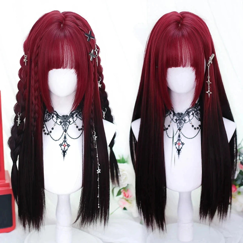 OLACARE  Synthetic Long Straight Lolita Wig with Bang Black Red Two-Tone Cosplay Party Halloween Christmas Wavy Curly Wig