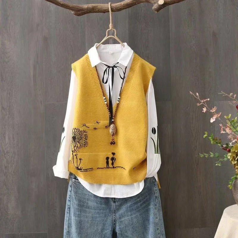 Artistic Knitted Sweater Vest Women's Faionable Yarn Top V-ne Button Detail Regular Length Pure Color Commute Sle