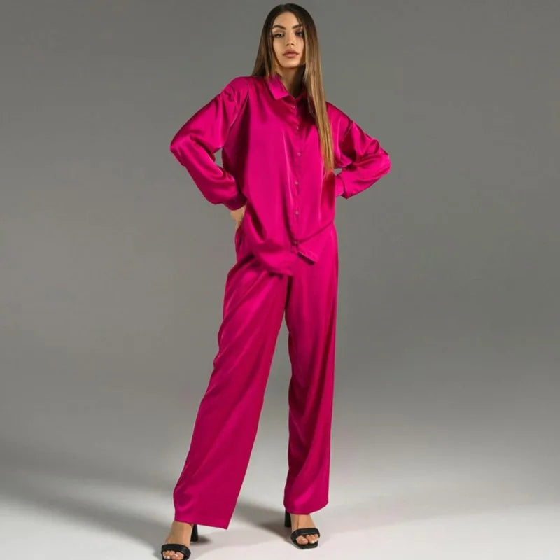 Spring And Summer Lady Long Pants Set Elegant Satin Silk Long Sleeved Loose Shirt Wide Leg Pants Two-piece Set Women Outerwear