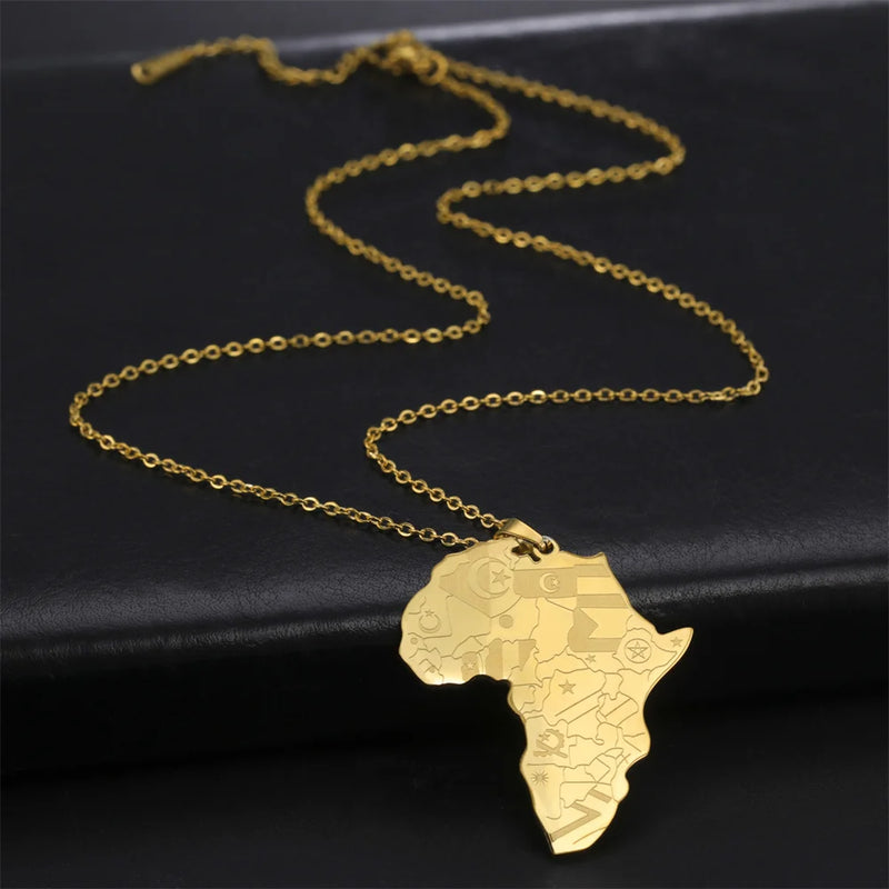 My Shape Africa Map Pendants Necklaces Africa Countries Flags Necklace Box Chain for Men Stainless Steel Male Jewelry Women Gift