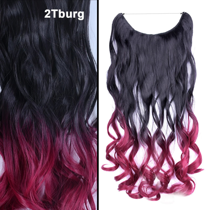 Jeedou One Piece Synthetic Hair Extension No Clips Whit Invisible Line Straight&Wavy Hair Hairpieces Brown Blue Ombre Color