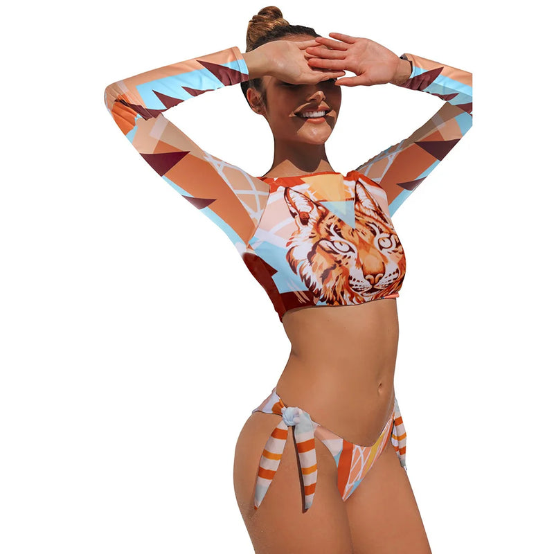 Women's Two Pieces Swimsuit Leopard Printing Bikini Long Sleeve Sun Protection Rash Guard Padded Swimwear Swimming Bathing Suits