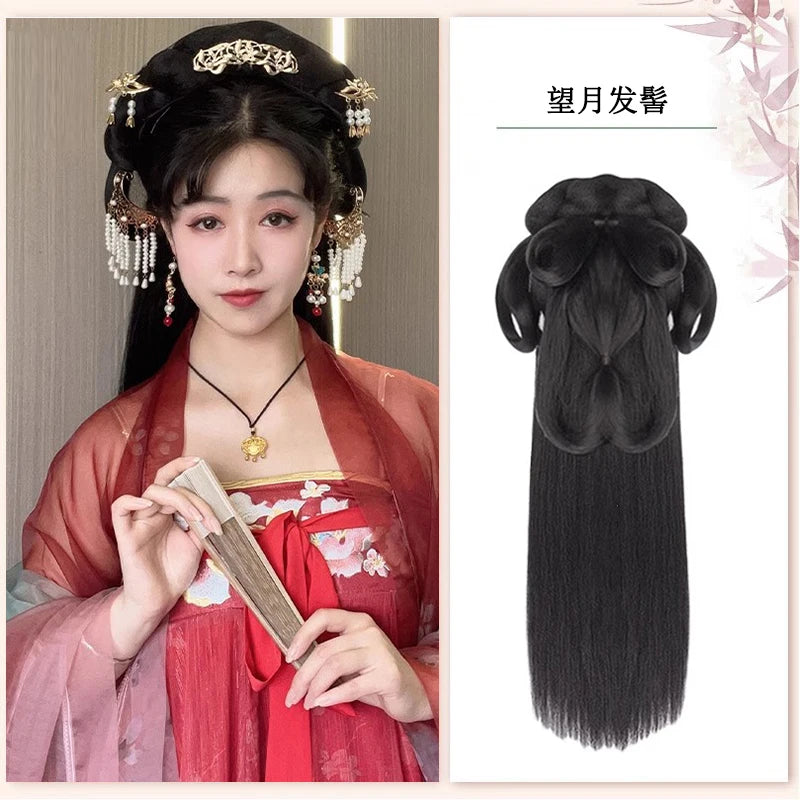 AOSI Synthetic Wei And Jin Style Warring States Robe Hanfu Wig Package Integrated Bun Back Pressed Back Hair Ancient Style