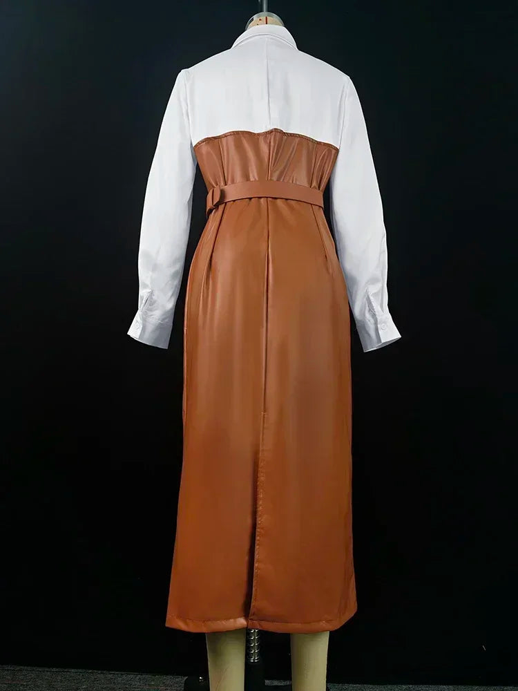 2025 Womens Dresses Shirt PU Skirt New Autumn Buttons Long Sleeve Patchwork Pocket Skinny Belted Lapel Female Midi Dress