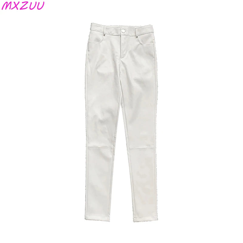 Black/White Genuine Leather Pencile Pants Sheepskin Classic High Waist Skinny Trousers Stretch Leggings for Women Pantalon Mujer