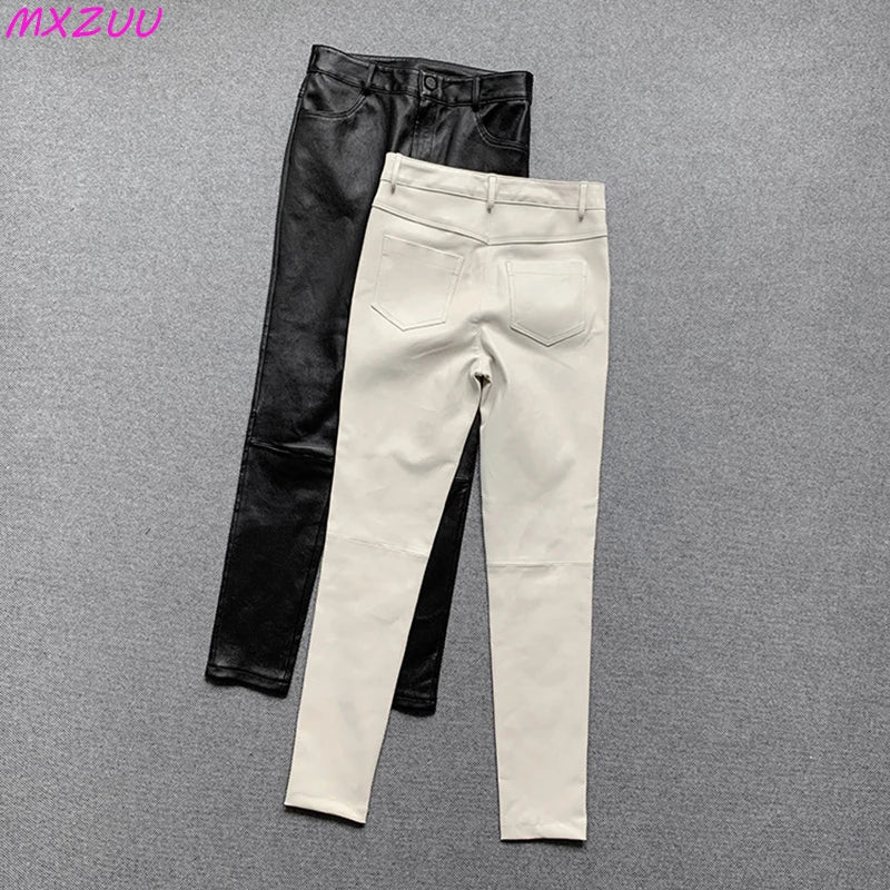 Black/White Genuine Leather Pencile Pants Sheepskin Classic High Waist Skinny Trousers Stretch Leggings for Women Pantalon Mujer
