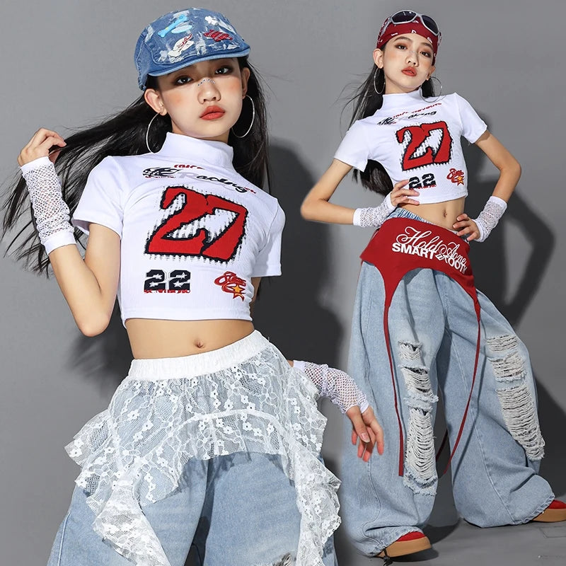 Children Jazz Dance Clothing Girls Kpop Outfit White Crop Top Denim Baggy Pants Fashion Hip Hop Costume Street Dance Wear 2485