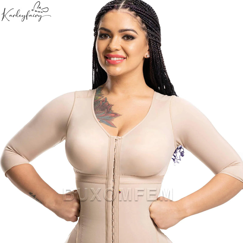 Seamless Faja with Sleeves & Bra Elastic Tight Push Up Complete Body Shaper Adjustable Bodysuits with Hook Eyes Shapewear Girdle