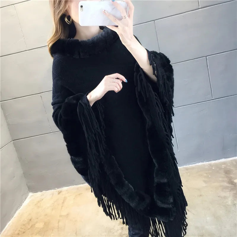 Autumn Winter Imitation Rabbit Fur Women's Coat Imitation Wool Collar Pullover Shawl Warmth Poncho Capes Red Cloaks