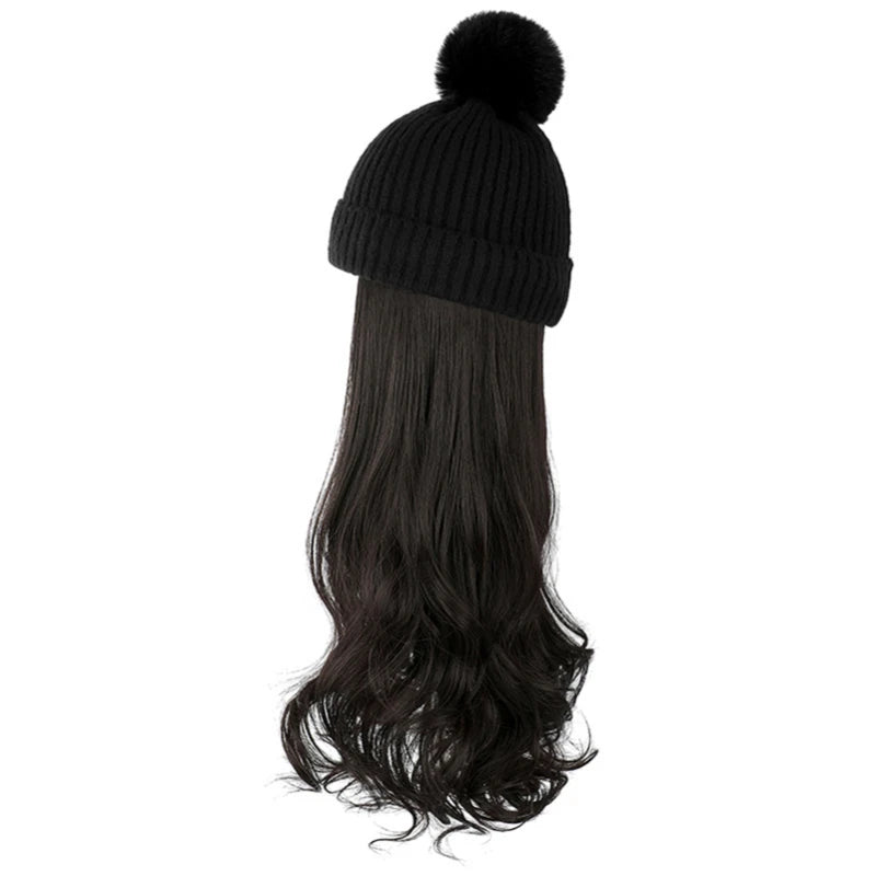 Fashion Hat Wig Brimless Cap with Long Curly Wave Hair Extensions Knitted Synthetic Removable Hairs Piece for Women Winter Use