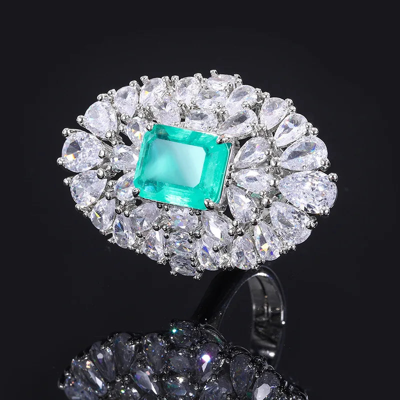 Luxurious Adjustable Ring Water Droplet Emerald Gemstone for Women Jewelry High Quality Proposal Marry Wedding Party Accessory