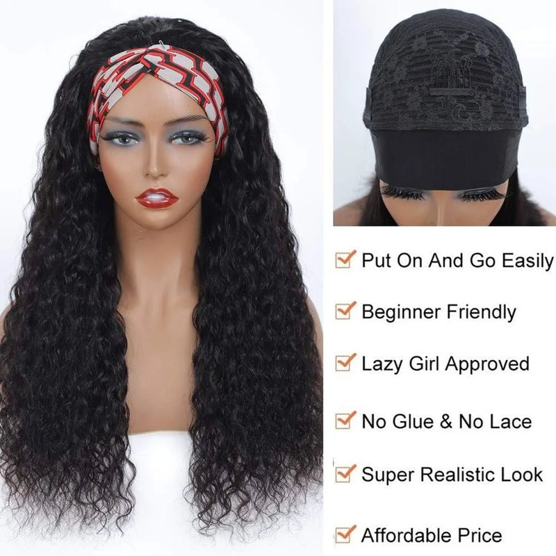 Curly Headband Wigs For Women Water Wave None Lace Front Wigs Human Hair Full Machine Made 180 Density Remy Hair Easy To Wear