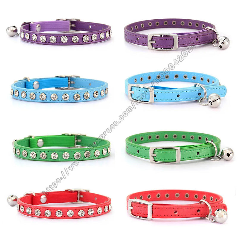 Shiny Rhinestone Pet Collar Safety Adjustable Cat Dog Collars With Bell Puppy Kitten Decoration Accessories Leather Flocking S