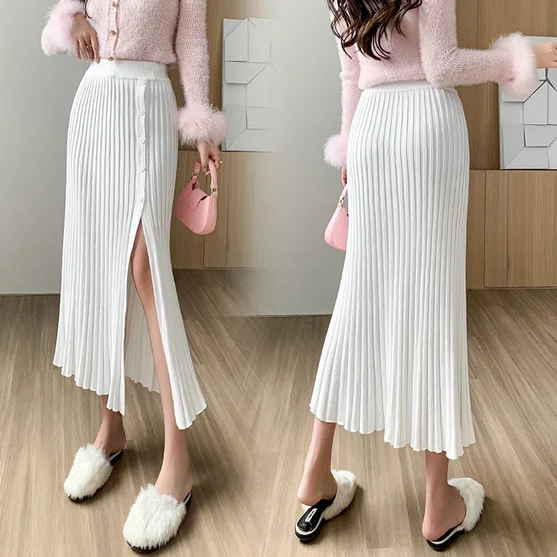 New Fashion Knitted Pleated Skirts Women 2024 Autumn Winter High Waist A Line Faldas Korean Sexy Mid Length White Black Skirt