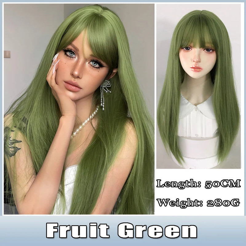 AOSI  20 Inch Fruit Green Long Straight Hair With Bangs Synthetic Heat-resistant Long Straight Hair Cos Wig
