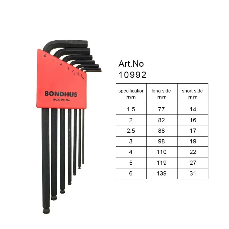 Conjunto de chave allen métrica BONDHUS, chave esférica em L, conjunto de chave sextavada estendida, ferramenta de reparo 10946/10992/10995/10999