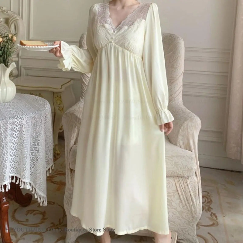 Women Long Sleepdress Nightgown Elegant Retro Court Style Nightdress Home Dressing Gown Spring Summer Rayon Sleepwear Loungewear