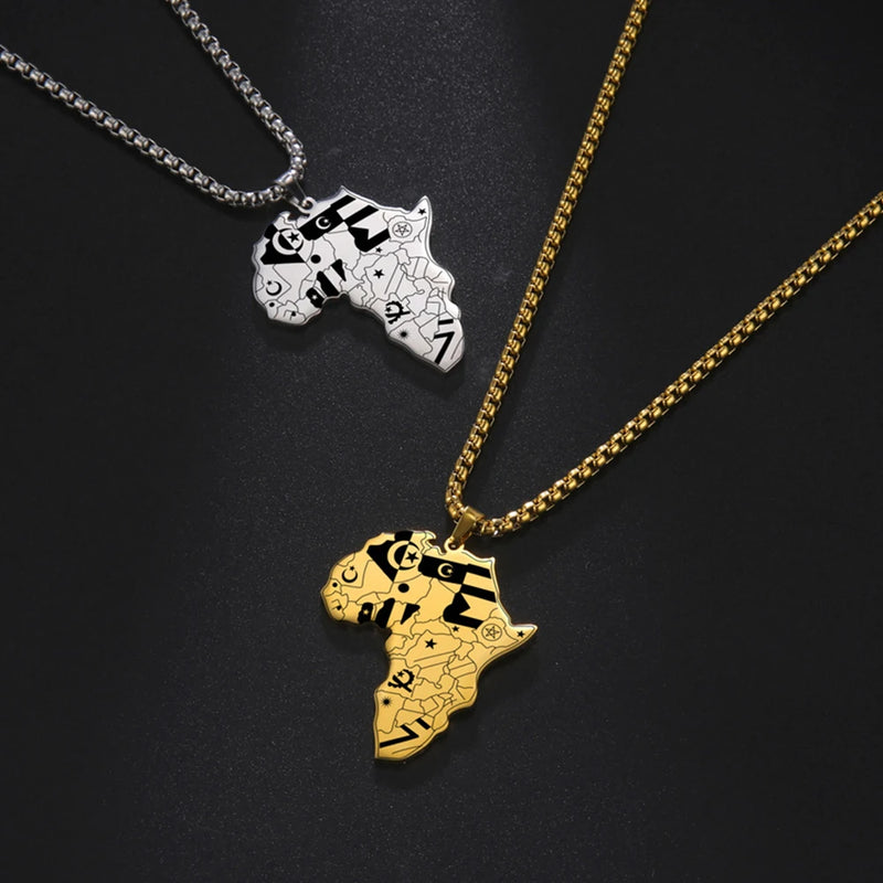 My Shape Africa Map Pendants Necklaces Africa Countries Flags Necklace Box Chain for Men Stainless Steel Male Jewelry Women Gift