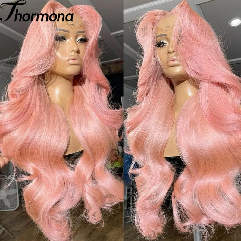 30 Inch Pink Lace Front Wigs Synthetic Body Wave Hd Transparent Lace Frontal Wigs for Women Light Pink Colored Wig Pre Plucked