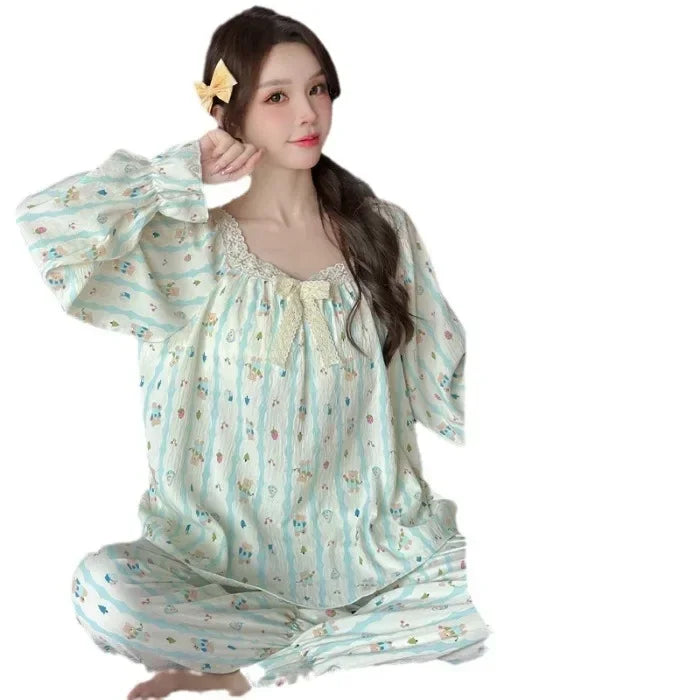 Elegant Women's Bow Long Sleeve Pajama Set With Chest Pad Autumn/Winter New Style Cloud Cotton One-Row Collar Home Clothes
