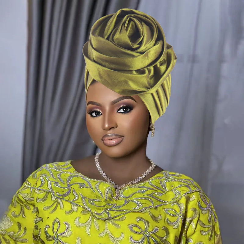 Raw Silk Big Rose Flower African Turban Caps for Women Headwear Head Wraps Nigerian Wedding Geles Party Headgear Bonnet